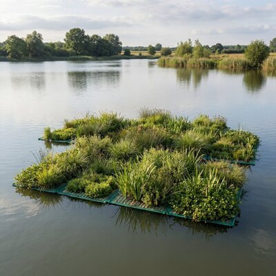 Verbund mehrerer naturnah bepflanzter Schwimminseln auf einem See